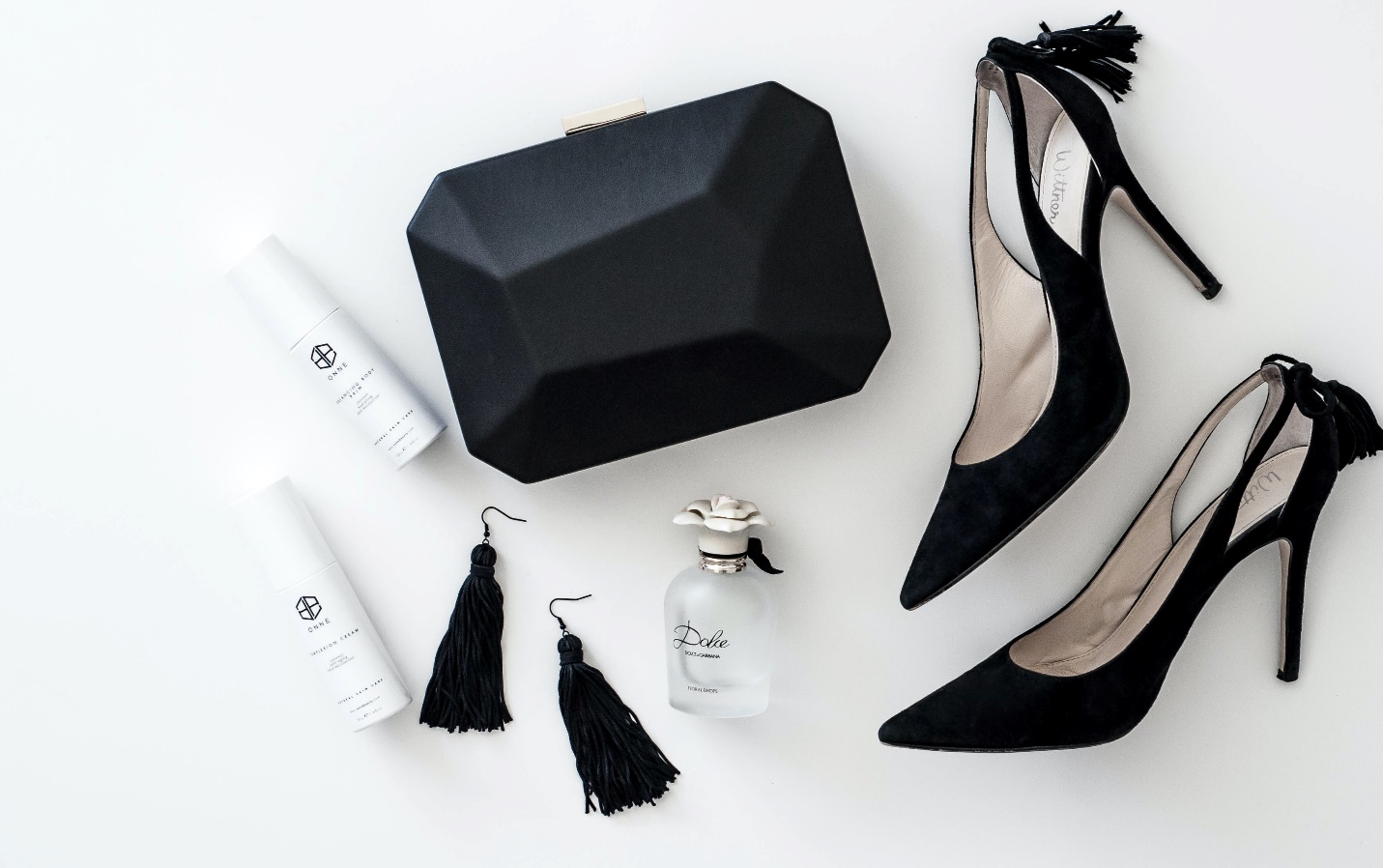 classic black heels, geometrical wallet, and earrings
